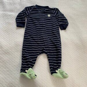 5/$25 Carters Baby Boy 3M Navy Striped Monster Fleece Footed Sleeper Pajamas